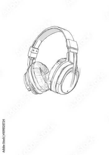Detailed Line Art of Over-Ear Headphones in Black and White Vector Illustration for Music and Audio Branding