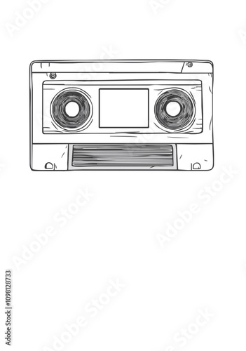 Hand-Drawn Line Art of a Retro Cassette Tape with Vintage Aesthetic for Music and Nostalgic Designs