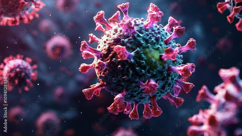 A close up of a virus with pink and blue colors. The virus is surrounded by other viruses, creating a sense of chaos and danger