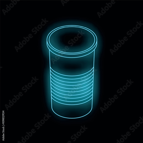 Neon blue glowing illustration of a disposable cup on a black background