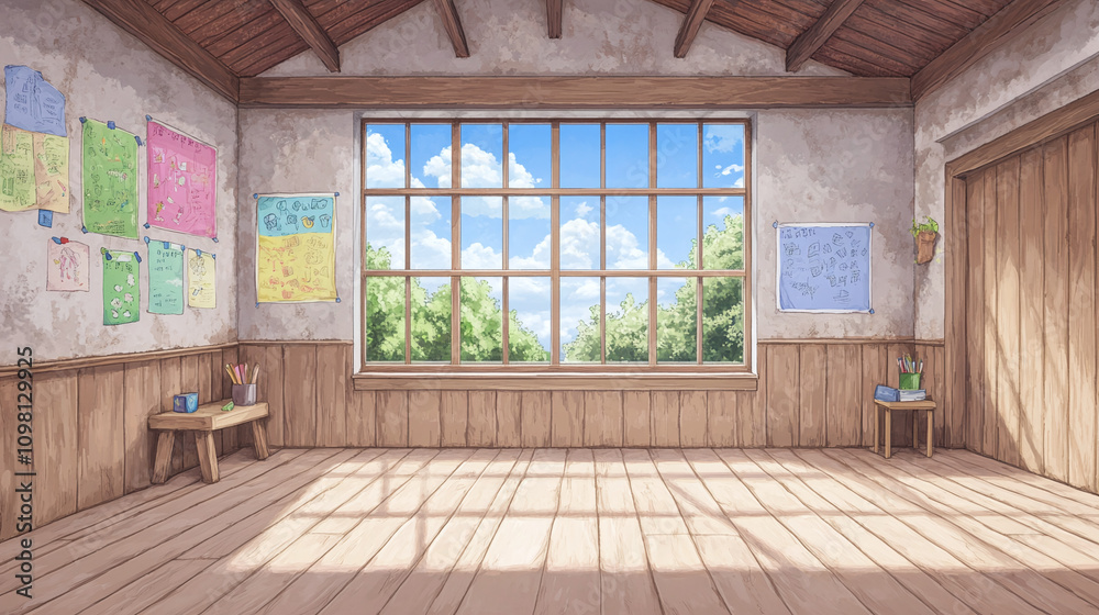 Fototapeta premium Empty Classroom with Sunlight Streaming Through Window
