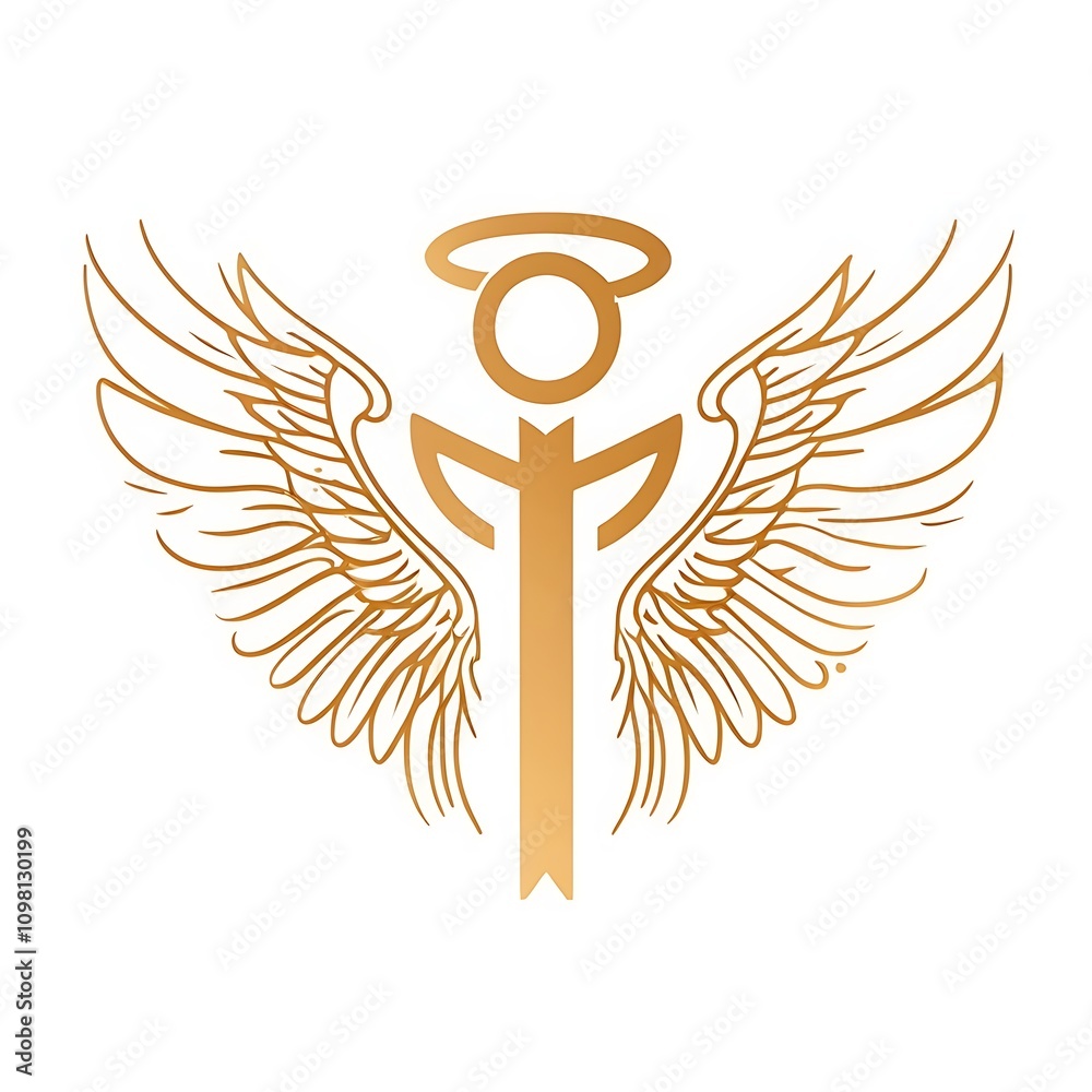 Fototapeta premium Linear sign - logo of a linear angel with wings isolated on white background
