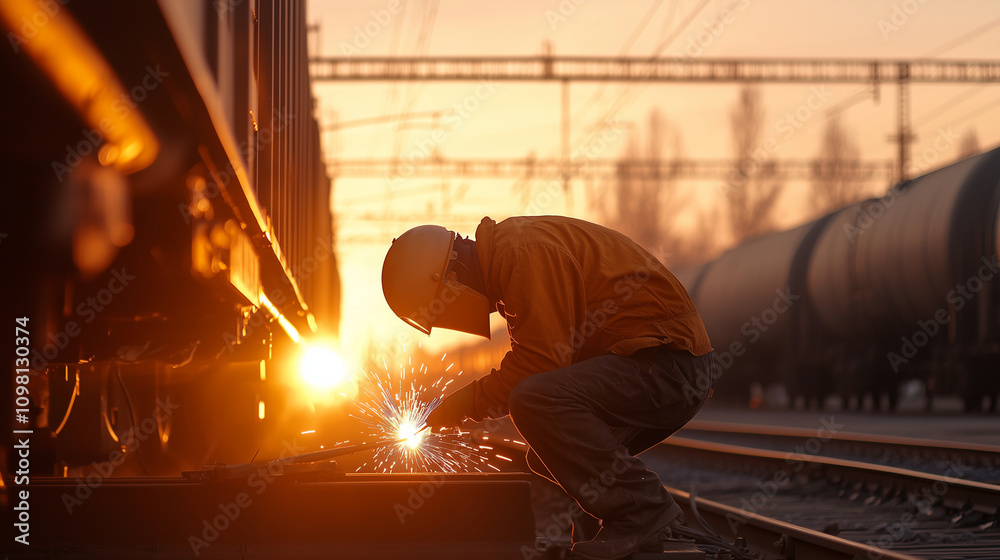 Fototapeta premium Welder repairing train component in rail yard at sunset