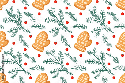 Gingerbread mittens and evergreen branches create a festive winter pattern for the holidays