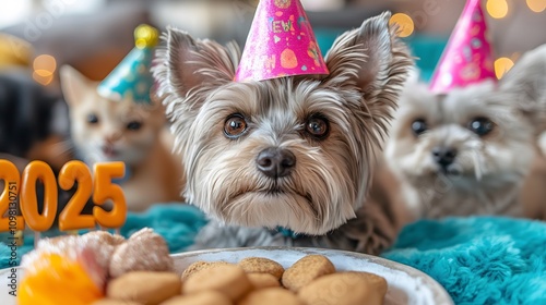 Cute dogs and cats celeberate 2025 Happy New Year ,Animal Party ,wear party hats, with 