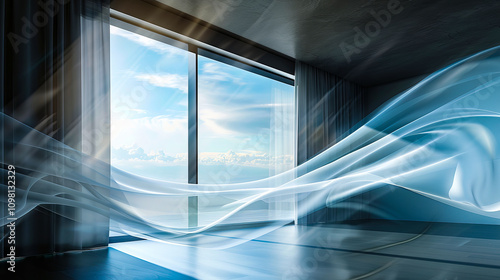 Air-conditioned modern interior with smooth flowing air currents symbolizing freshness and energy efficiency.
