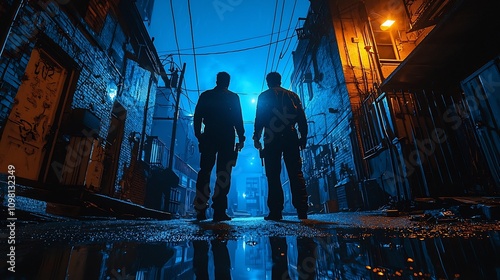 Shadowy Figures Face Off with Futuristic Weapons in City Alley