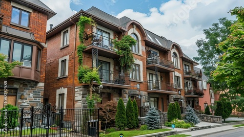 A charming small apartment building with a brick facade and balconies.