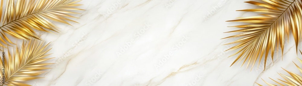 Fototapeta premium A stylish background featuring marble texture with golden palm leaves, perfect for elegant presentations and design projects.