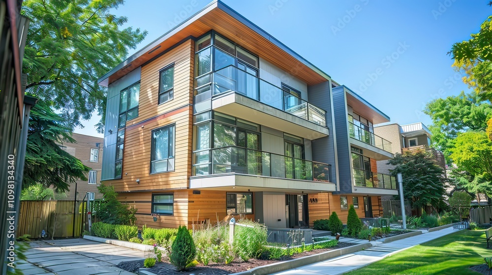 Fototapeta premium A modern small apartment building in a quiet neighborhood.