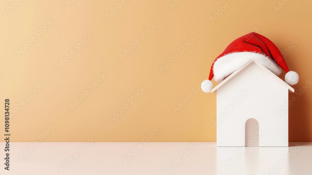 Fototapeta premium christmas house in santa hat banner, christmas real estate discounts, property insurance,holiday credit, mortgage