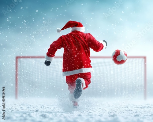 Santa Kicking Soccer Ball in Snowy Winter Scene