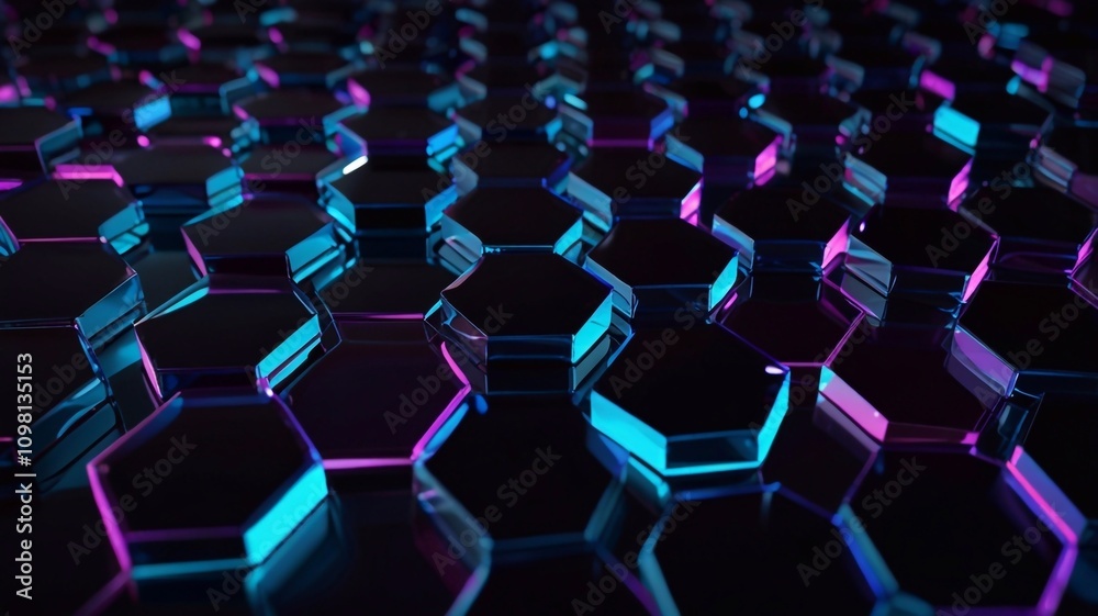 Fototapeta premium Futuristic Abstract Design with Glossy Hexagonal Shapes and Neon Glow