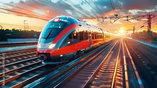 Wallpaper Mural A train is speeding down the tracks with a red and blue stripe. The train is surrounded by a bright orange and yellow sky, creating a sense of motion and energy Torontodigital.ca