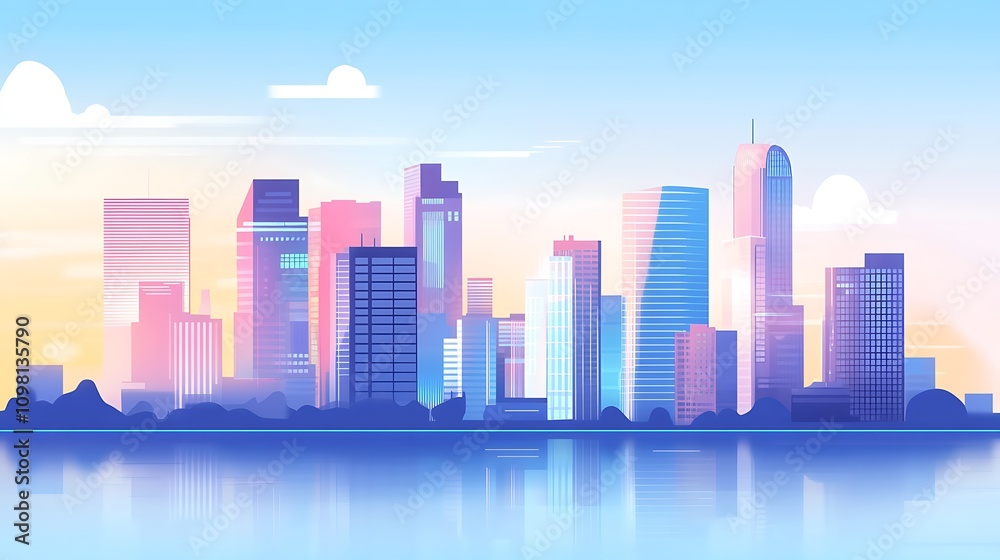 Fototapeta premium City Skyline Reflection Pastel Hues Peaceful Morning