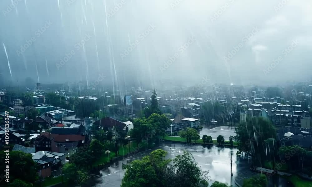 Pemandangan kota setelah hujan, langit masih mendung 