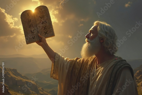 Moses carries stone tablets with Ten Commandments inscribed on them. old bearded jewish man Mose with 10 commandments on stone tablets. torah old testament. mount sinai in Egypt. sunset in mountain. photo
