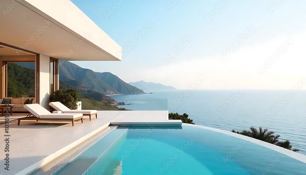 Fototapeta premium Luxury Beachfront Villa With Infinity Pool and Stunning Ocean View. Generator AI