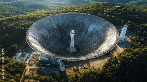 Arecibo Telescope Overlook, a grand view of the Arecibo radio telescope nestled in lush hills, sunlight creating dynamic shadows, showcasing the contrast of technology and nature. photo