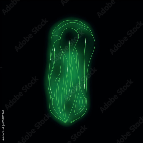 Green neon sign illustrating a head of bok choy glowing on a black background