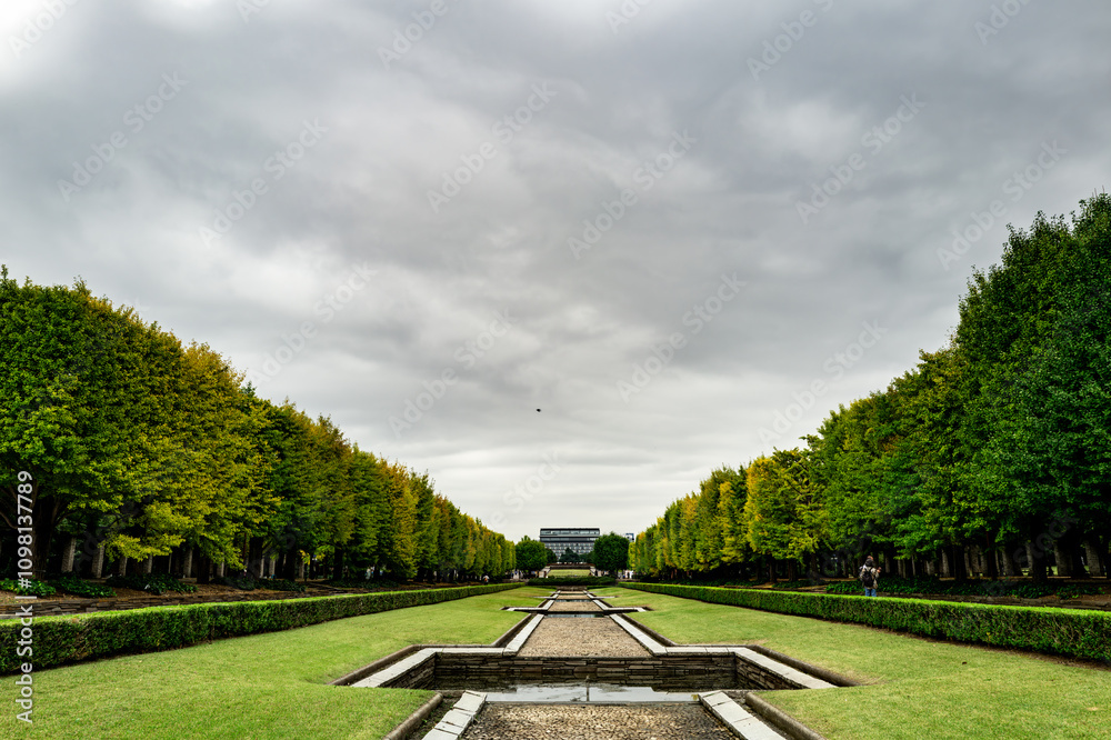 Fototapeta premium Symmetrical Park Scene Under Cloudy Skies