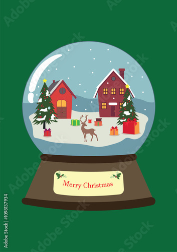 Christmas glass ball. Christmas crystal ball with fir tree, gift boxes, and houses.Holiday season vector illustration. Christmas, New Year. Family holiday