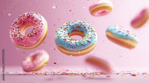 Brightly colored doughnuts with rainbow sprinkles floating, capturing textures with soft shadows, high contrast for a surreal effect photo