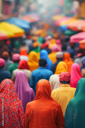 Show a bustling bazaars colorful canopies and jostling crowds from a low-angle perspective photo