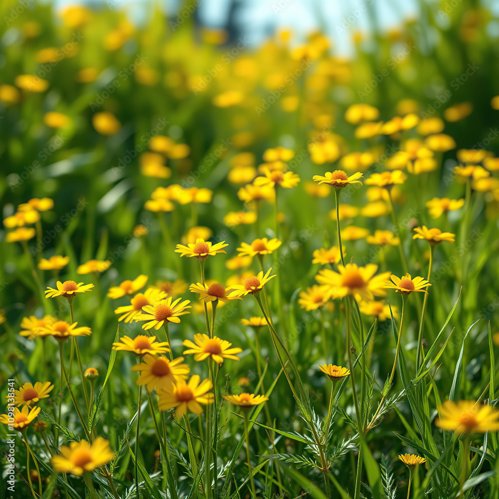 Obraz premium Tranquil scene of yellow common tansies in the meadow, sustainability, outdoor activity