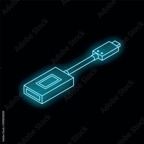 Neon blue usb type c adapter glowing against a black background, perfect for technology and connectivity concepts