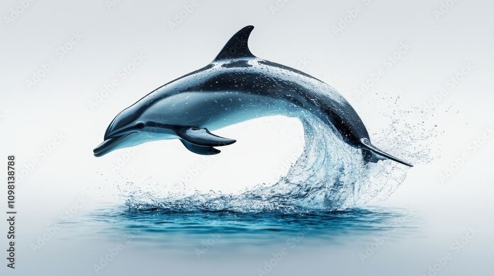Obraz premium Playful dolphin mid-leap, vivid turquoise waves below, sunlight glinting on water droplets, expansive clear sky adding a touch of vastness