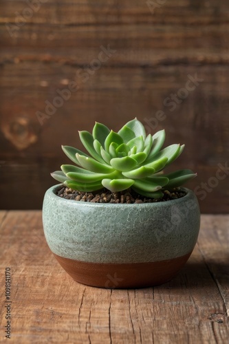 Cotyledon pendens ,Cliff Cotyledon Green Succulent Plant Pot On Wood Table Top Background photo