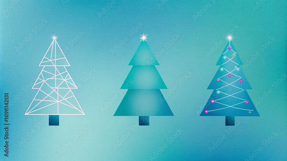 Obraz premium Stylized vector design of Christmas trees in different modern styles, including minimalist, geometric, and hand-drawn, decorated with lights and baubles, perfect for gift wrap patterns