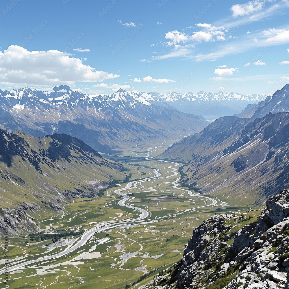 Obraz premium Wide-open highway through mountains and valleys, rugged terrain, green hills, blue sky above, wide-open space