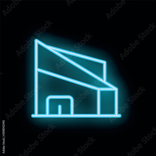 Turquoise neon sign showing a modern building with a sloping roof, perhaps an art museum, a library or any other public building