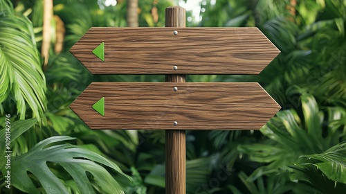 Wooden signpost with two arrows amidst lush green foliage, guiding the way through a vibrant jungle or forest setting.
