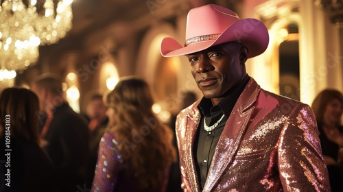 A stylish man in a pink cowboy hat shines at a glamorous party, standing out in a crowd with his sparkling outfit and confident stance.