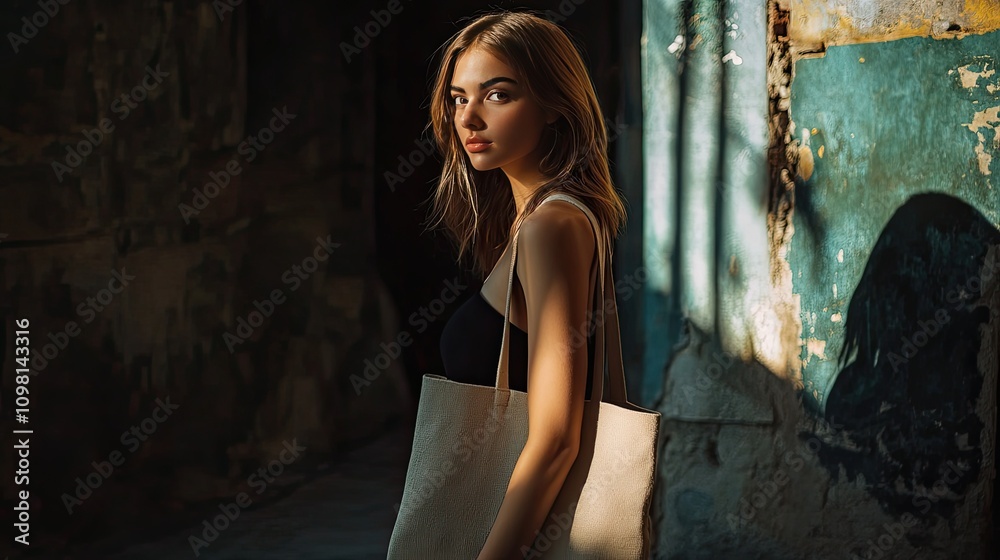 Naklejka premium A woman posing with a plain tote bag, with natural lighting emphasizing the fabric texture, set in a modern backdrop