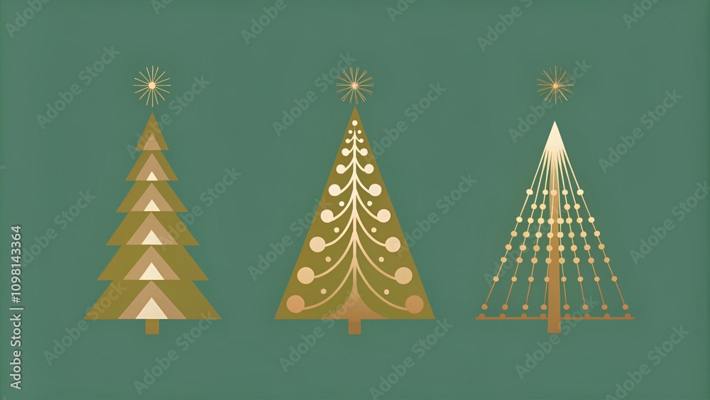 Obraz premium Stylized vector design of Christmas trees in different modern styles, including minimalist, geometric, and hand-drawn, decorated with lights and baubles, perfect for gift wrap patterns