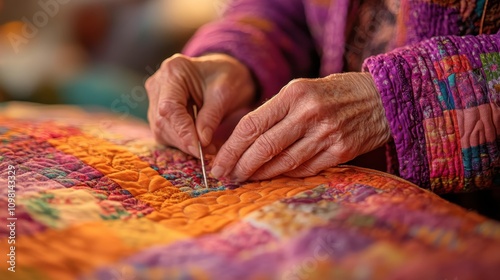 Hands of a Skilled Artisan Working on an Intricate Quilt with Vibrant Colors, Showcasing the Craftsmanship and Attention to Detail in Textile Artistry