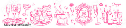 Champagne glass party set, vector hand drawn coquettish feminine bachelorette alcohol  beverages. Elegant holiday drinks, wineglass on tray, bottle cocktail banquet pink print. Wedding champagne party
