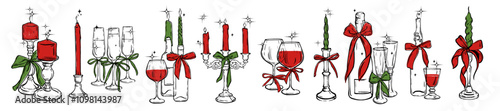Christmas eve candle set, vector hand drawn traditional holiday table decoration, wineglass, bow. Celebration New Year drinks, champagne bottle, vintage setting object, candleholder. Christmas candle