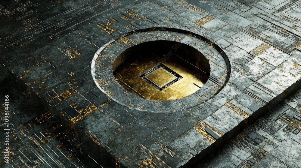 Obraz premium Abstract metallic texture with gold square in recessed circular opening.