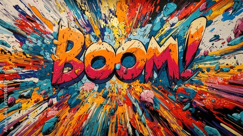 A dynamic comic-style explosion with vivid colors and bold typography captures energy and excitement, centered around the impactful word 'BOOM'. photo