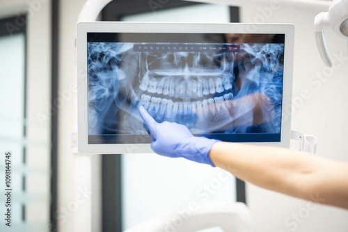 A close-up image capturing a dentist's gloved hand pointing to a dental X-ray on a screen, focusing on details and emphasizing the importance of examination.