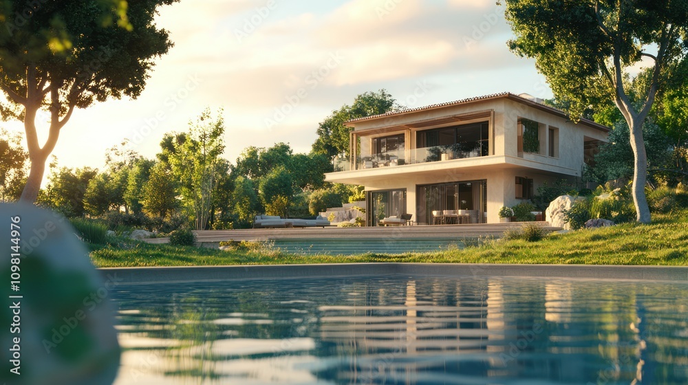 Obraz premium Modern house, pool, sunset.