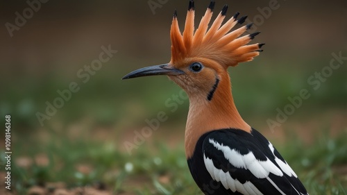 Close-up of a hoopoe bird with its distinctive crest, showcasing its plumage and profile against a blurred green background.
