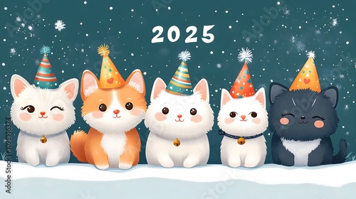 Cute cats celeberate 2025 Happy New Year ,Animal Party ,wear party hats, with 