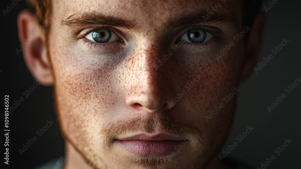 Obraz premium Close-up portrait highlighting the intense gaze of a young, freckled man with striking blue eyes and red hair