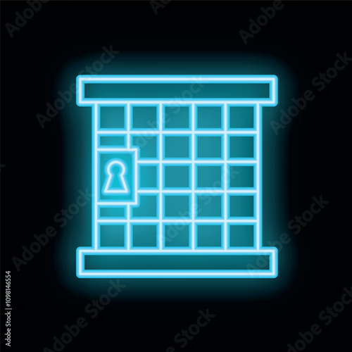 Glowing neon jail cell bars icon illustrating imprisonment concept